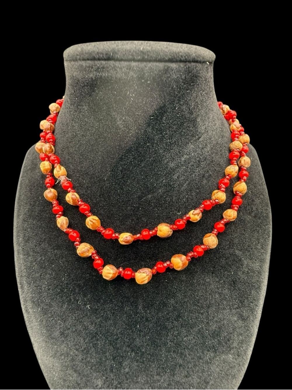 NWT Red and Gold Beaded Opera Length Necklace